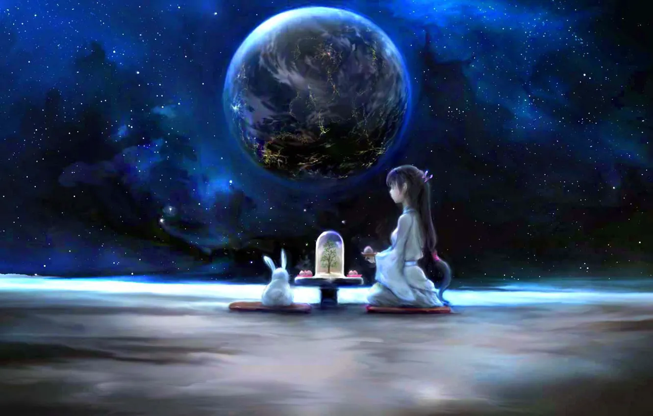 Photo wallpaper girl, space, earth, the moon, rabbit, fantasy, the tea party, by 00