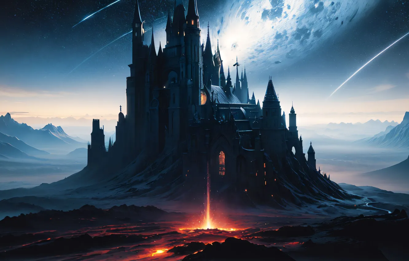 Photo wallpaper dark, moon, fantasy, night, mountains, stars, castle, digital art