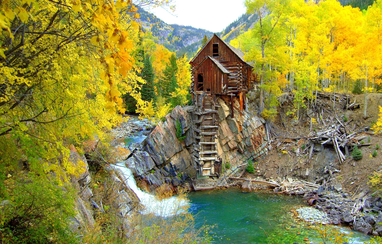 Photo wallpaper autumn, forest, trees, mountains, river, stones, rocks, USA