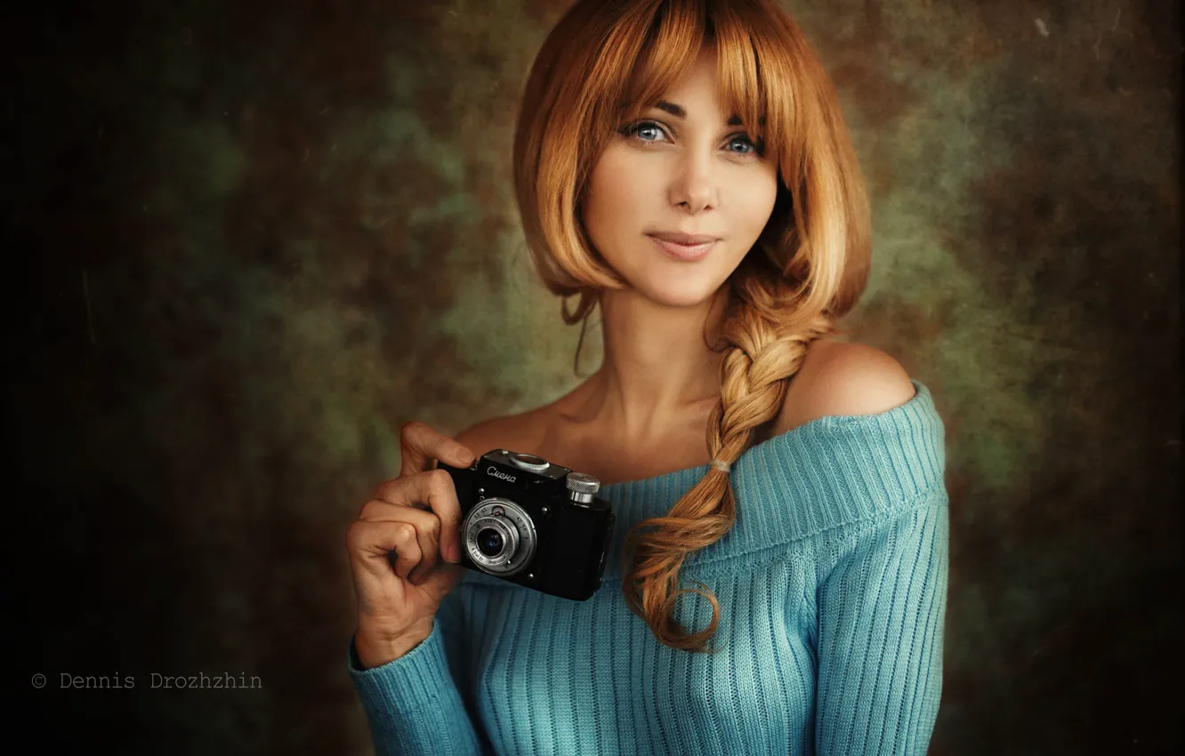 Photo wallpaper girl, the camera, braid, red, shoulders, pullover, Dennis Drozhzhin, Denis Drozhzhin