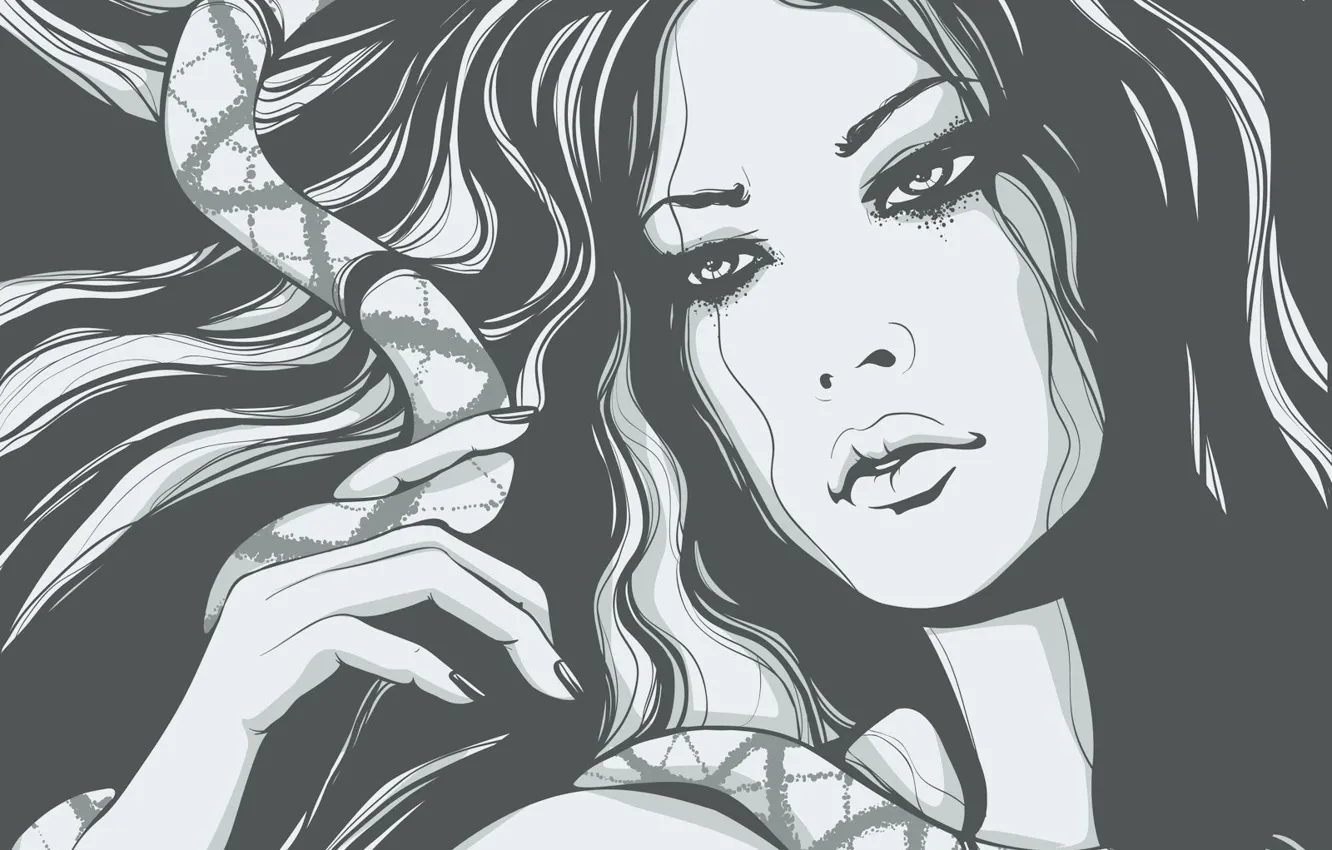 Photo wallpaper girl, snake, b/W