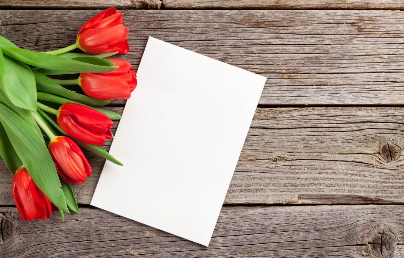 Photo wallpaper bouquet, tulips, red, wood, romantic, tulips