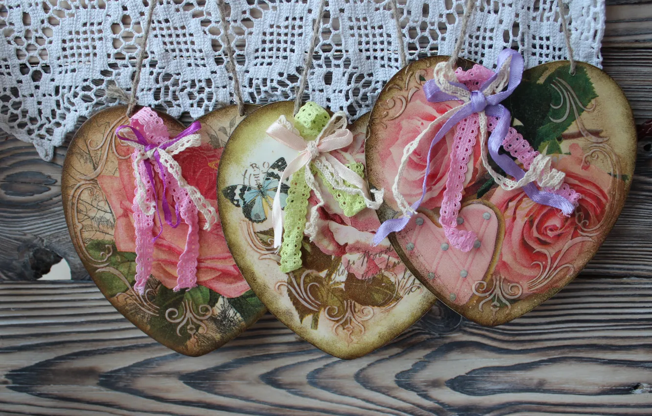 Photo wallpaper style, heart, roses, lace, decoupage