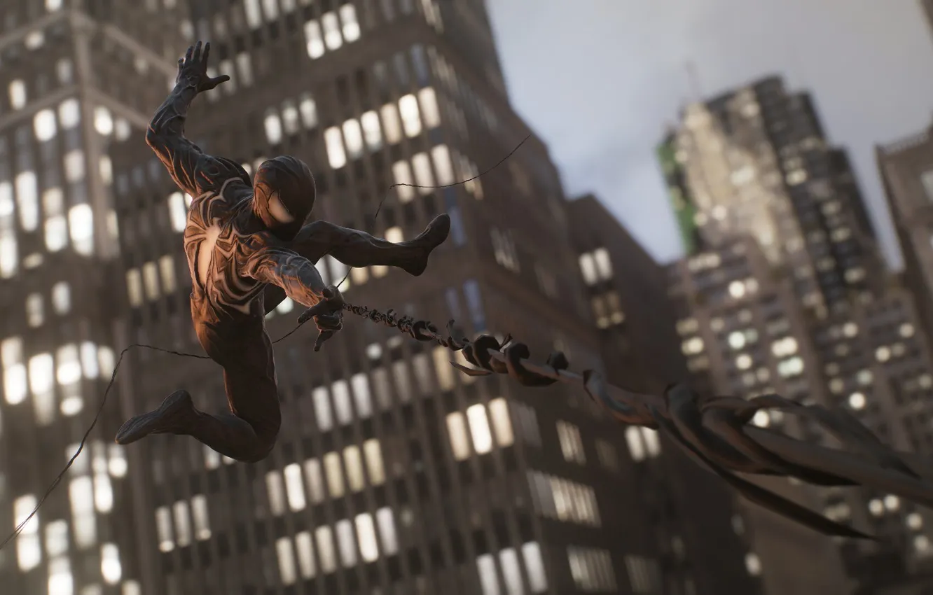 Photo wallpaper pose, web, Symbiote, black suit, Marvel Spider Man 2