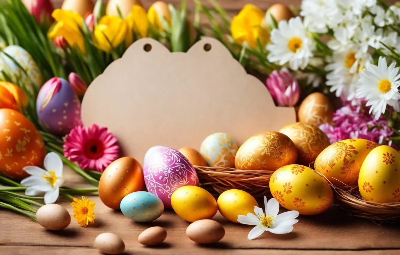 Photo wallpaper flowers, eggs, spring, colorful, Easter, flowers, spring, Easter
