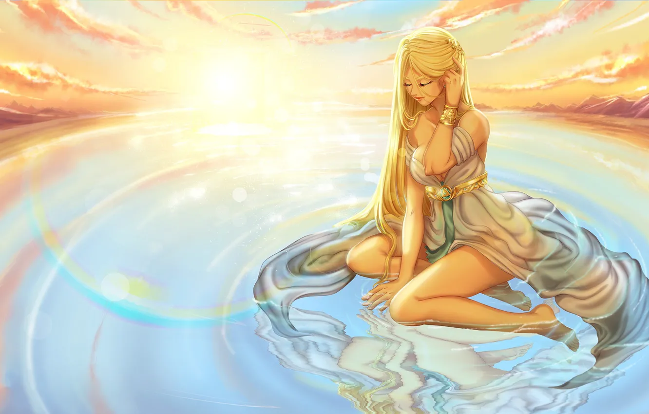 Photo wallpaper water, girl, sunset, The Legend of Zelda: Breath of the Wild, circles on the water