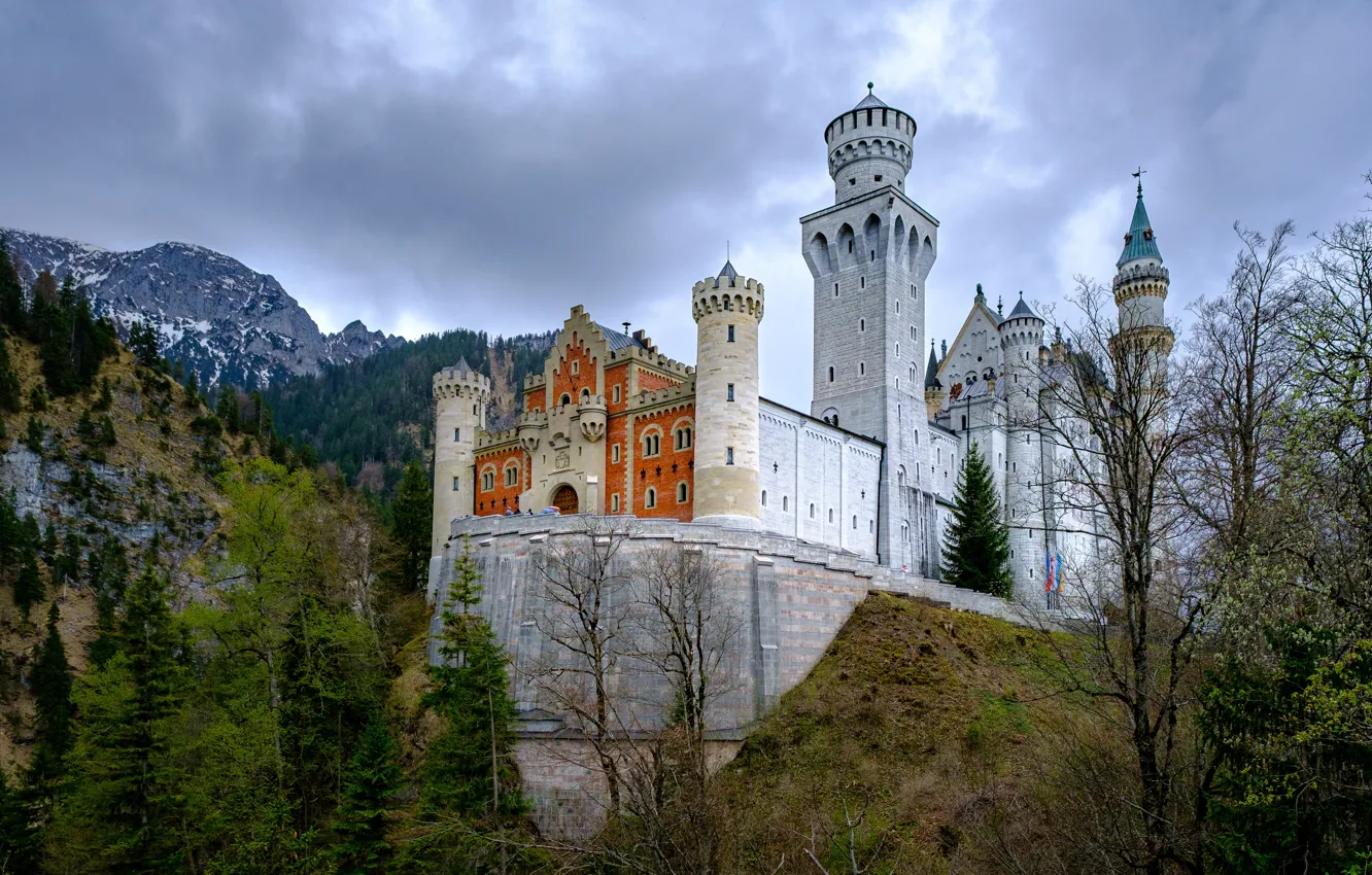Photo wallpaper forest, mountains, castle, view, height, Germany, Bayern, architecture