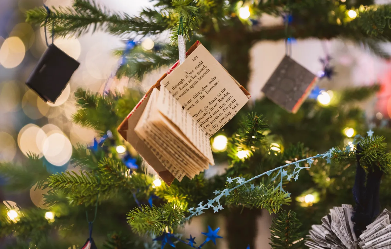 Photo wallpaper winter, branches, holiday, tree, new year, lights, Christmas, book