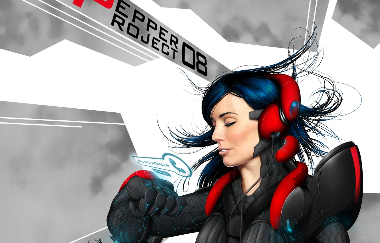 Photo wallpaper girl, interface, wire, hair, headphones, art, costume, pepper project