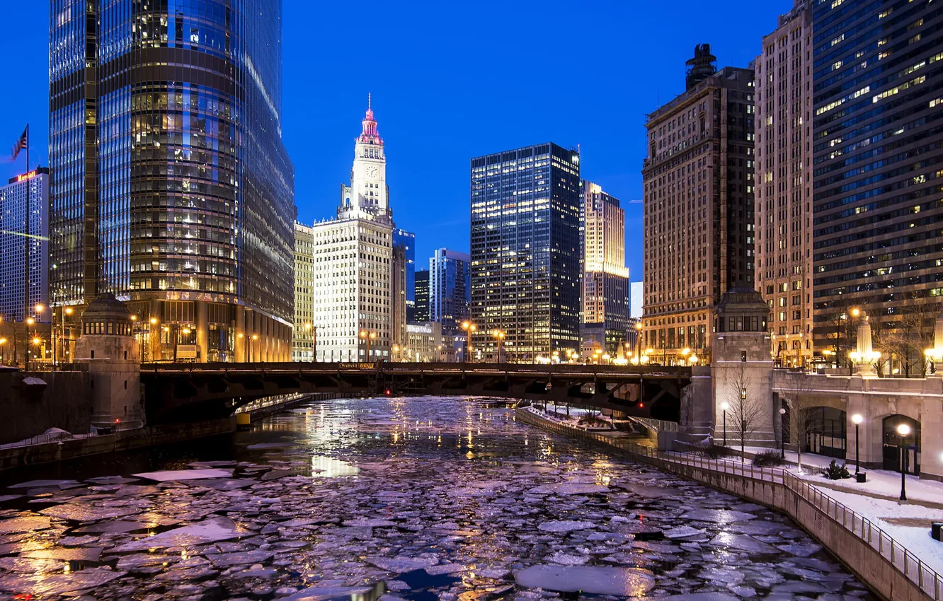 Photo wallpaper winter, river, building, skyscrapers, the evening, Chicago, America, Chicago