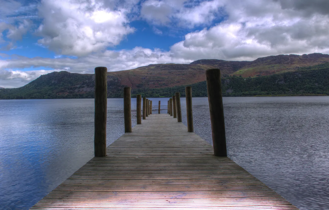 Photo wallpaper mountains, lake, pier