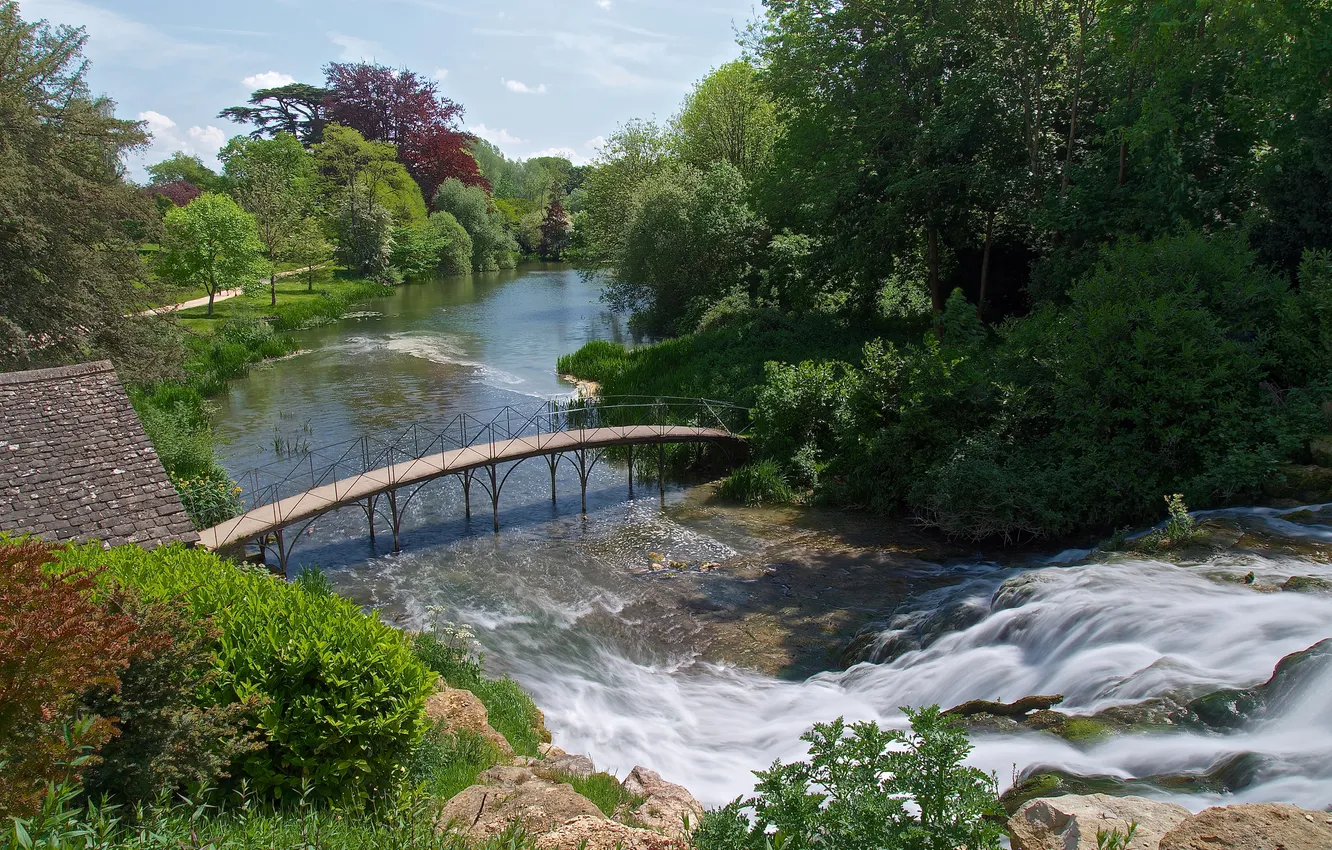 Photo wallpaper roof, forest, the sky, trees, bridge, Park, river, waterfall