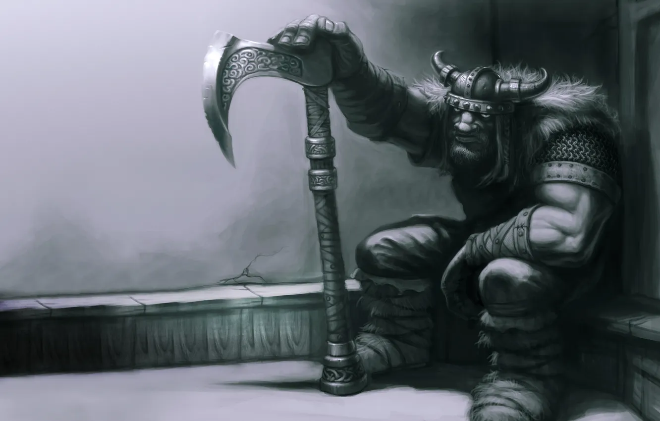 Photo wallpaper weapons, warrior, horns, helmet, sitting, Viking, viking