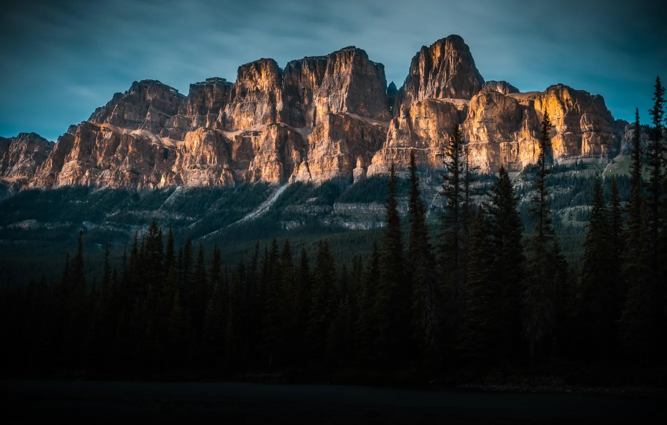 Photo wallpaper the sky, trees, sunset, mountains, nature, rocks, Banff National Park, Canada