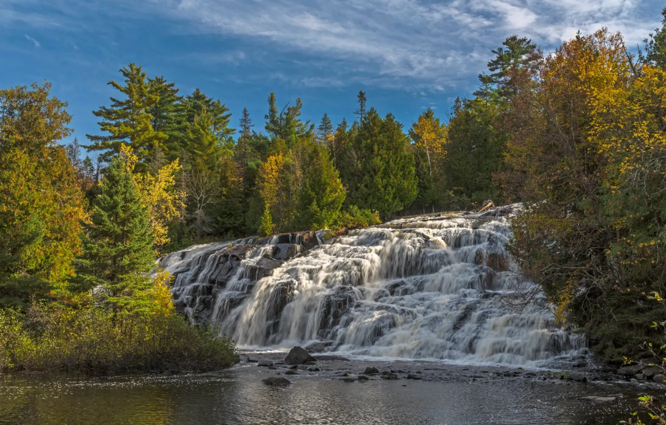 Photo wallpaper autumn, forest, trees, river, waterfall, Michigan, cascade, Michigan