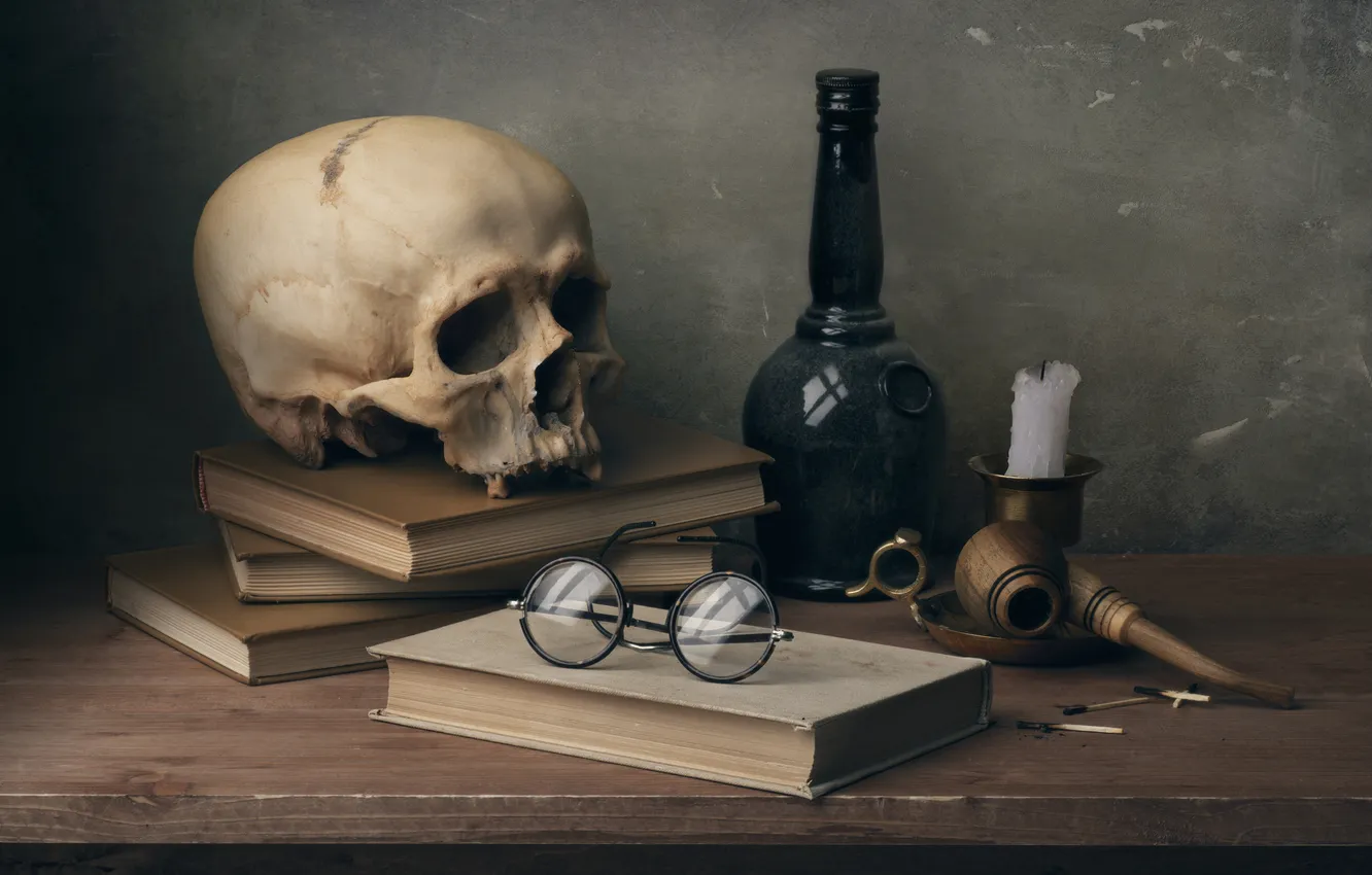 Photo wallpaper bottle, human skull, reading glasses