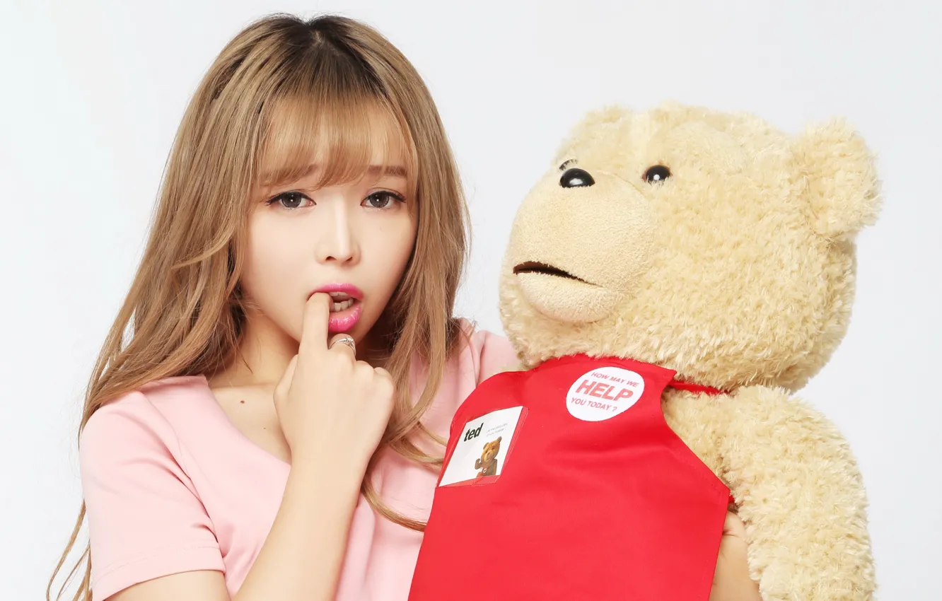 Photo wallpaper girl, mood, toy, bear