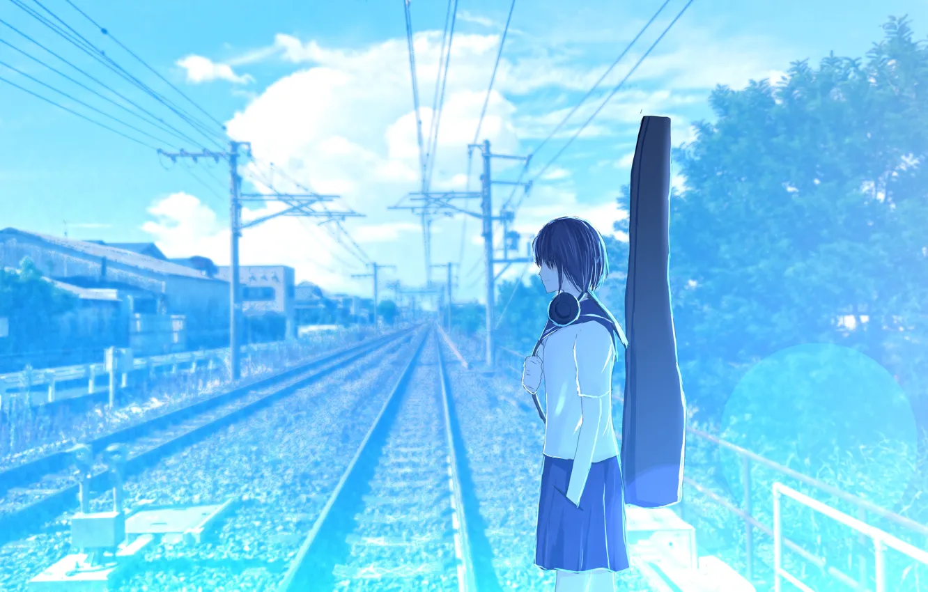 Photo wallpaper girl, rails, school uniform