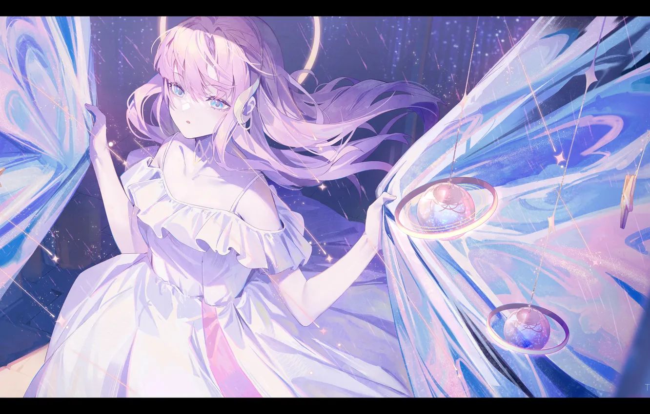 Photo wallpaper girl, fantasy, white dress, Starfall, the wings of a butterfly