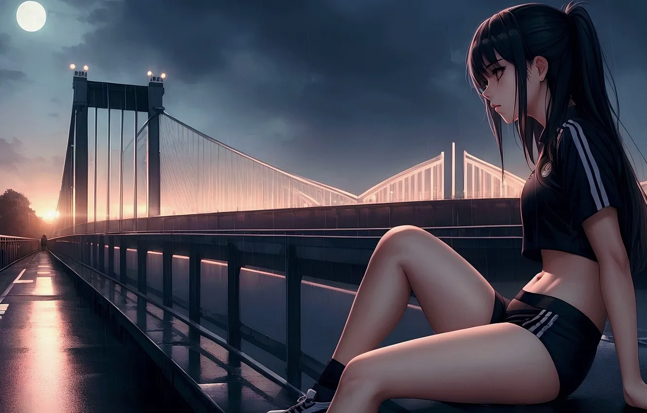 Photo wallpaper girl, rain, bridge