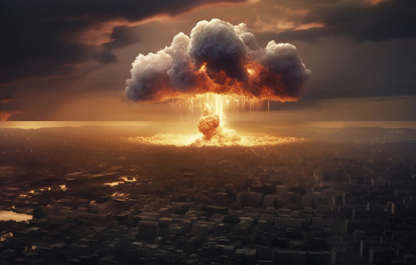 Photo wallpaper Home, The city, Fire, Mushroom, The explosion, Clouds, Digital art, A nuclear explosion