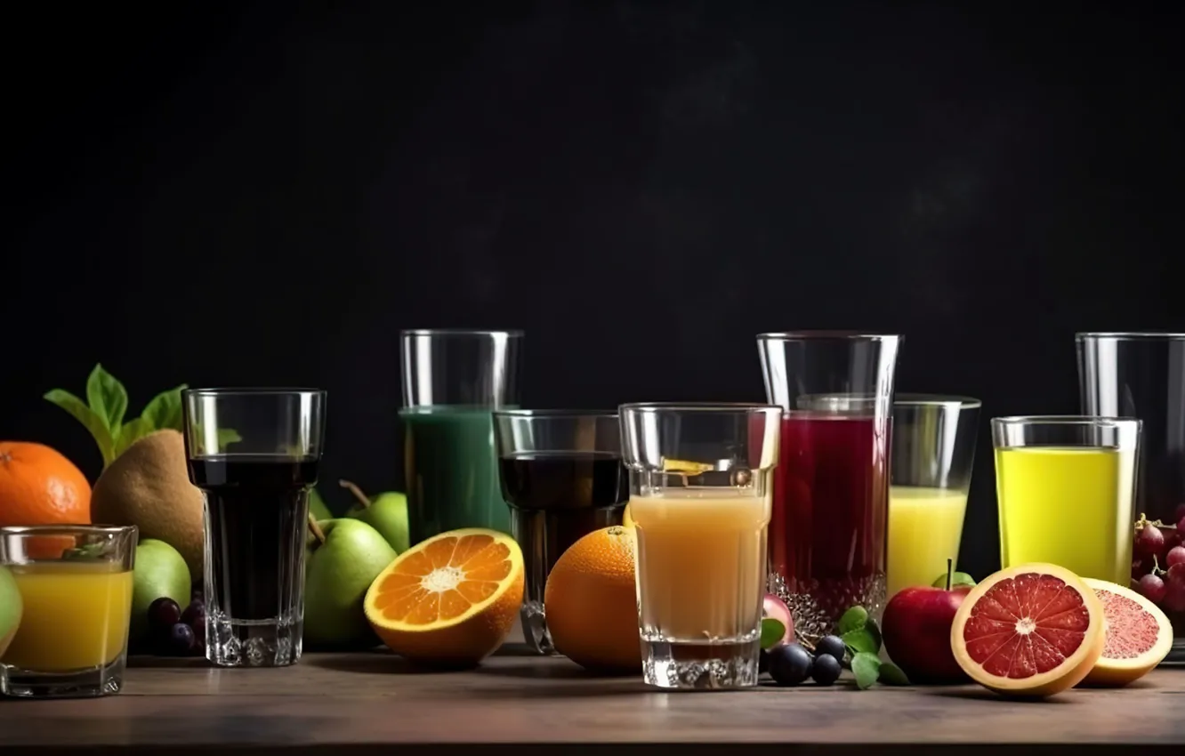 Photo wallpaper glass, juice, fruit, different, a lot, cuts, fruit, digital art
