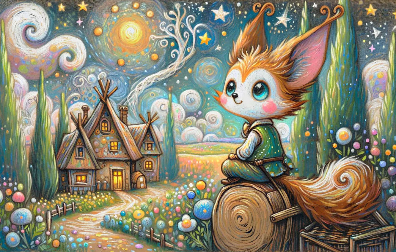 Photo wallpaper clouds, night, pattern, the moon, styling, Fox, hay, house