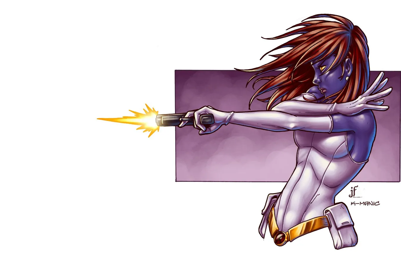 Photo wallpaper girl, gun, weapons, shot, art, red, Mystic, x-men