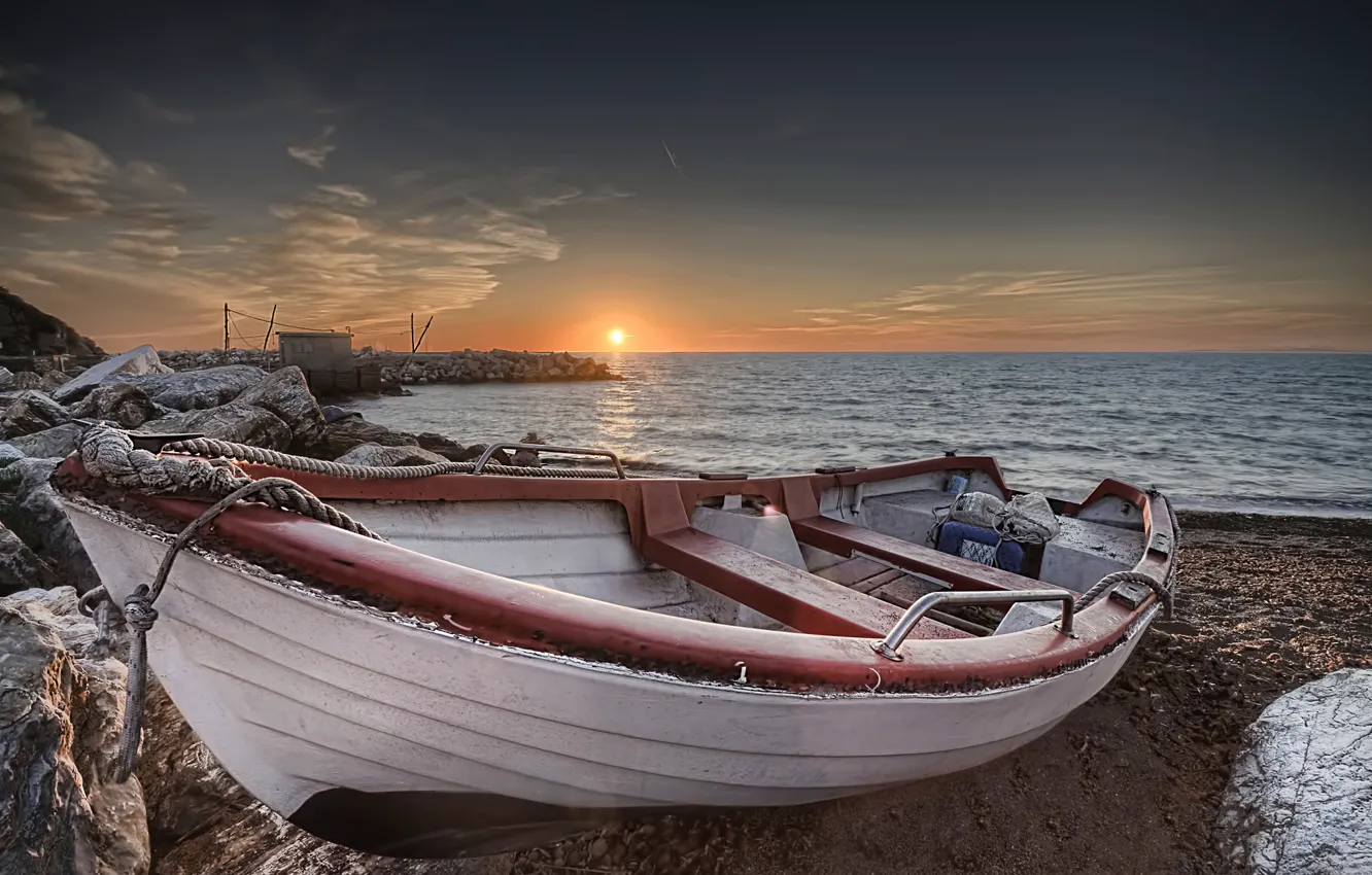 Photo wallpaper sea, sunset, shore, boat