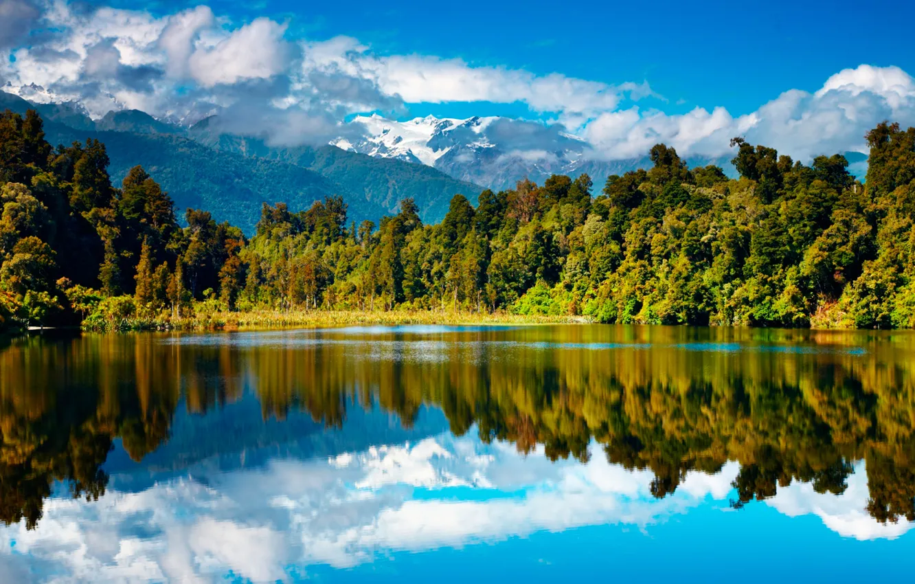 Photo wallpaper autumn, forest, mountains, lake, New Zealand