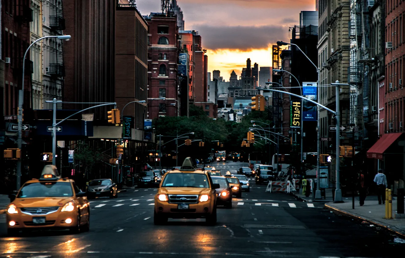 Photo wallpaper dawn, street, New York, taxi