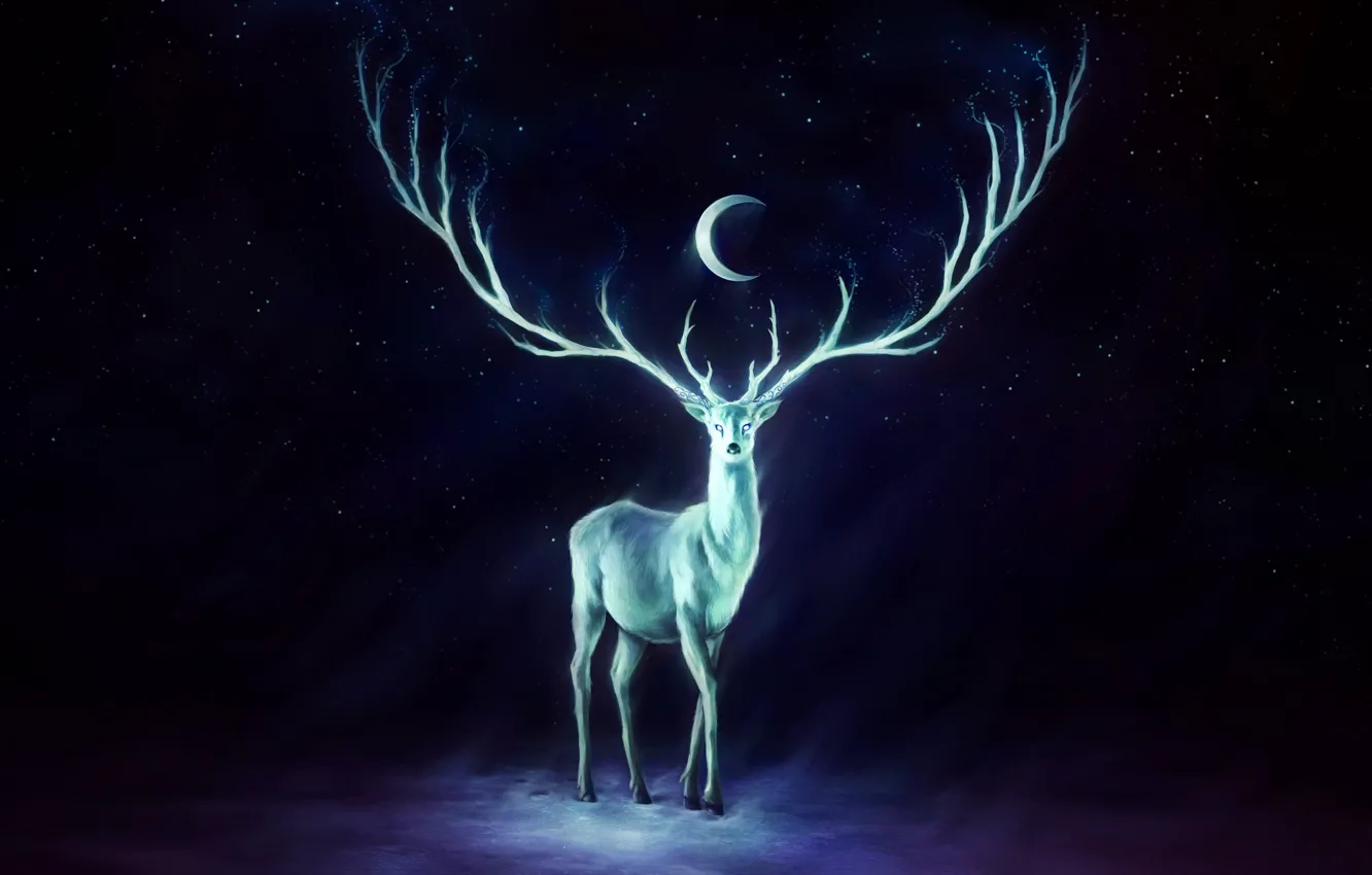 Photo wallpaper the sky, stars, the moon, Deer, horns