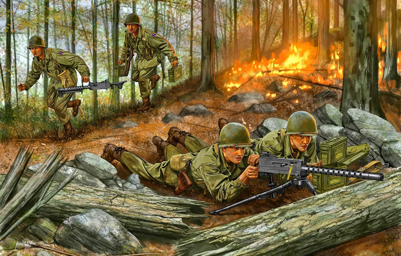 Photo wallpaper Forest, Machine gun, Soldiers, U.S. Army, WWII, Browning М1919, The crew