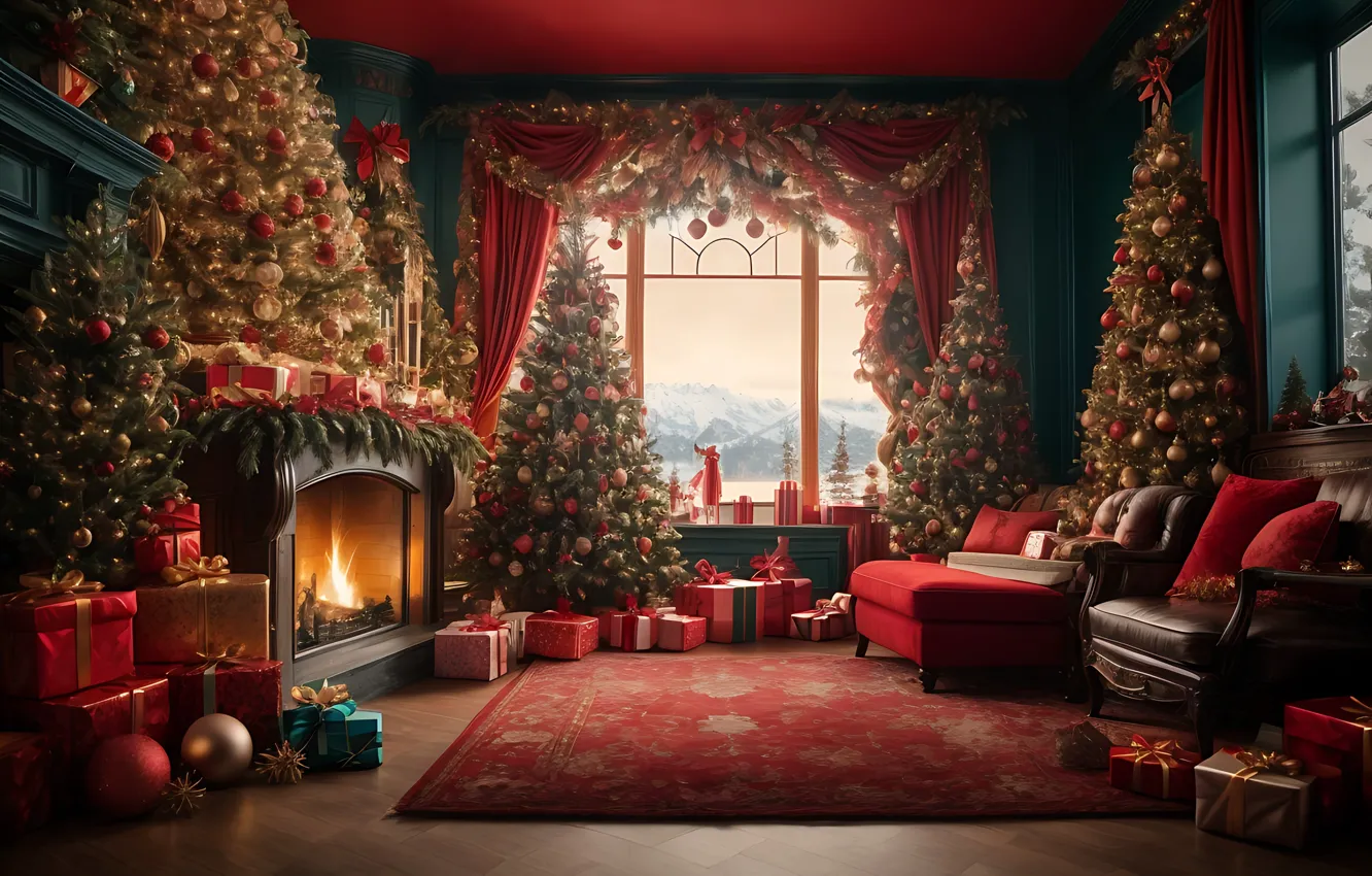 Photo wallpaper decoration, room, gift, balls, tree, new year, interior, Christmas