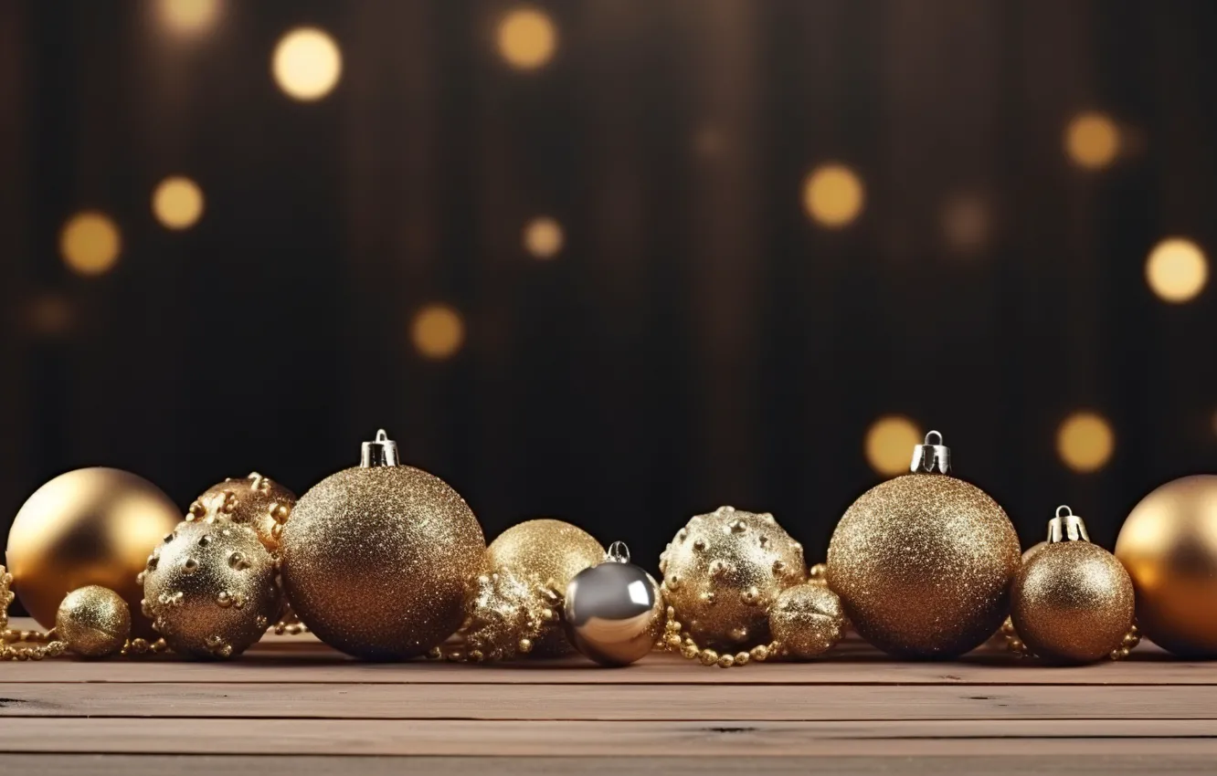 Photo wallpaper decoration, balls, new year, Christmas, golden, Christmas, balls, wood