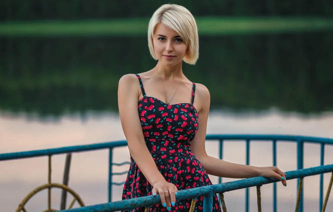Photo wallpaper easy, the fence, pond, bokeh, beautiful blonde, the girl in the sundress
