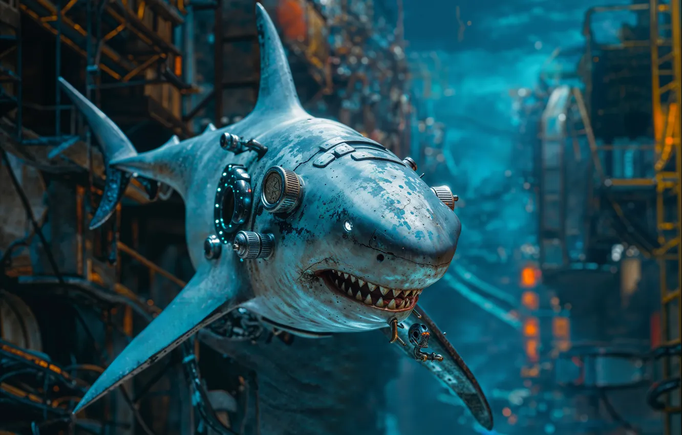 Photo wallpaper predator, shark, underwater world, fantasy, digital art, AI art, The Art of Artificial Intelligence, The …