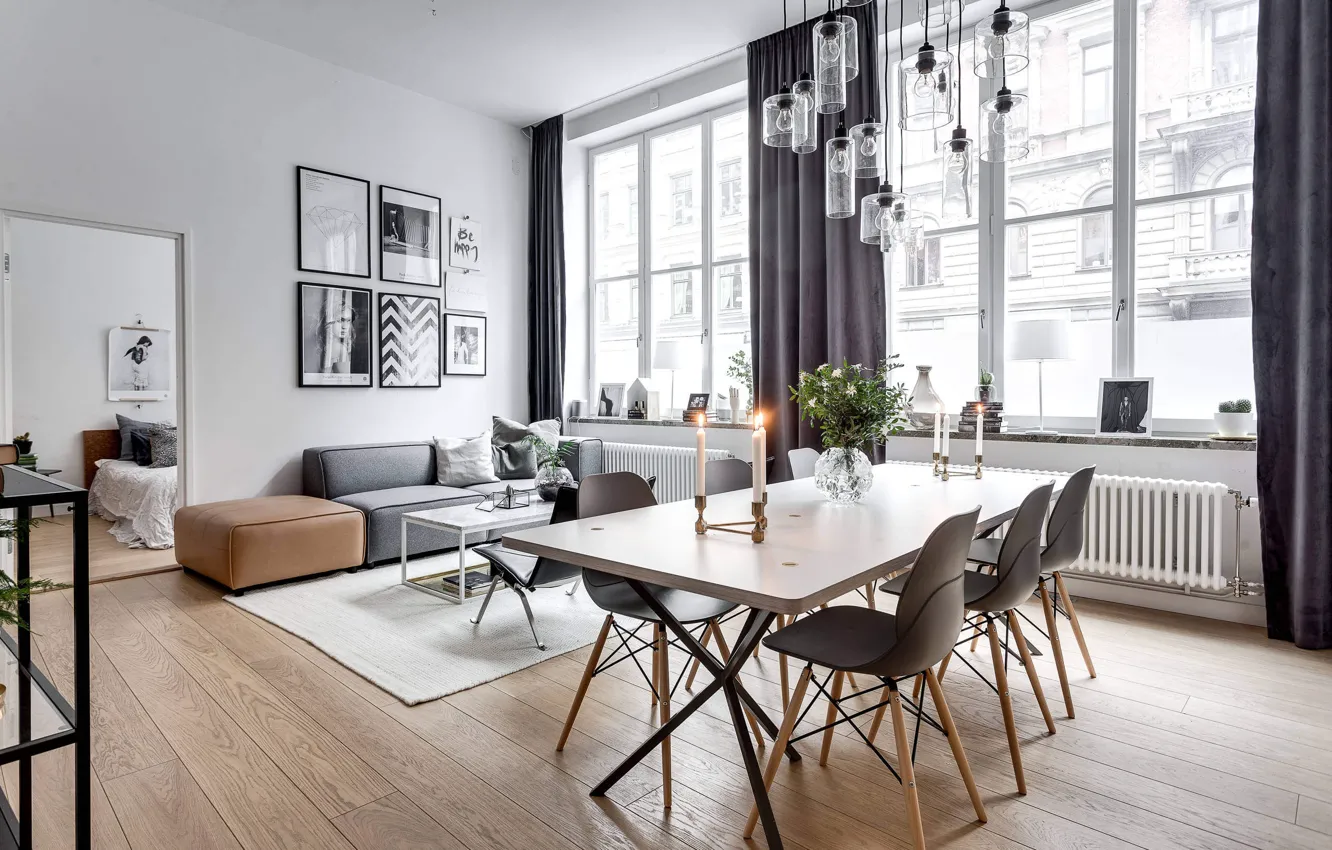 Photo wallpaper interior, living room, dining room, Scandinavian style, Apartment in Stockholm, by Alexander White