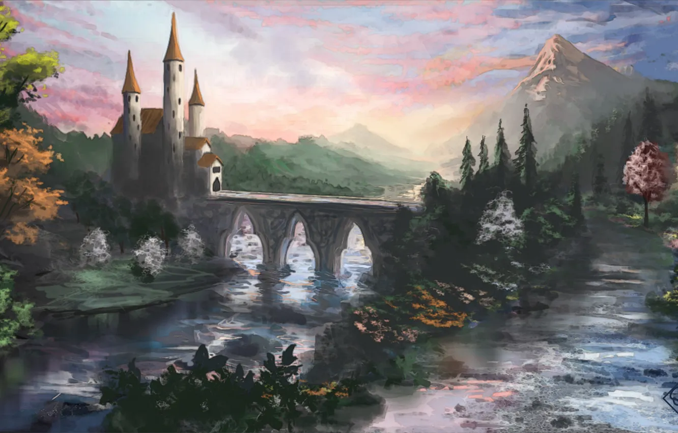 Photo wallpaper road, trees, landscape, flowers, mountains, bridge, castle, art