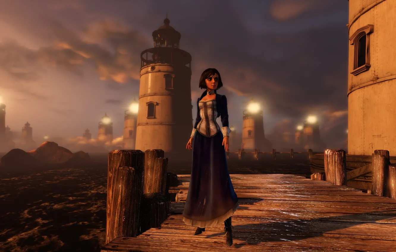 Photo wallpaper water, bridge, lights, tree, beacons, Bioshock Infinite, Elizabeth, Elisabeth