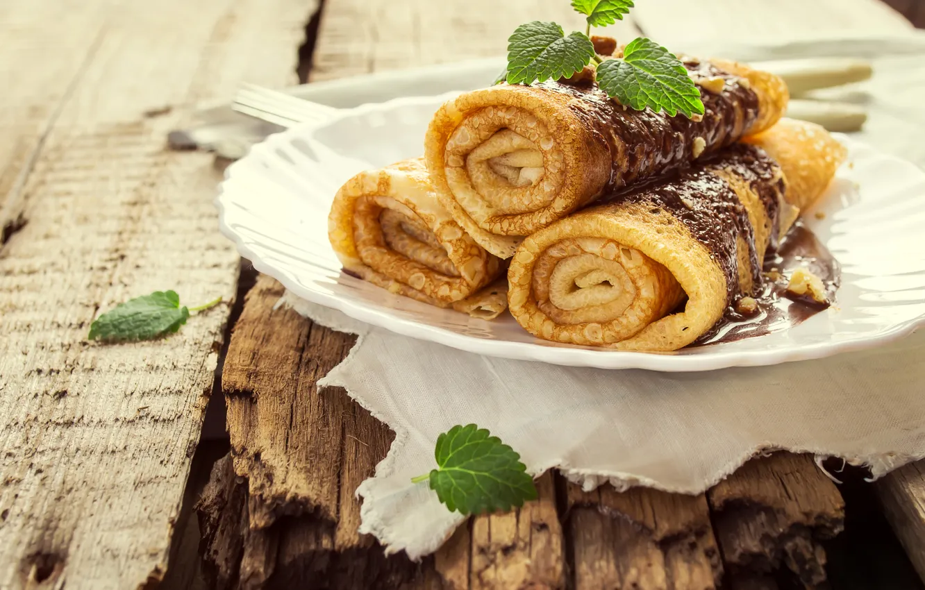 Photo wallpaper Chocolate, Plate, Food, Pancakes