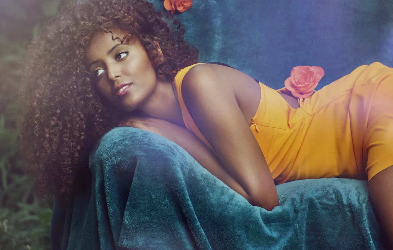 Photo wallpaper girl, flowers, yellow, dress, black