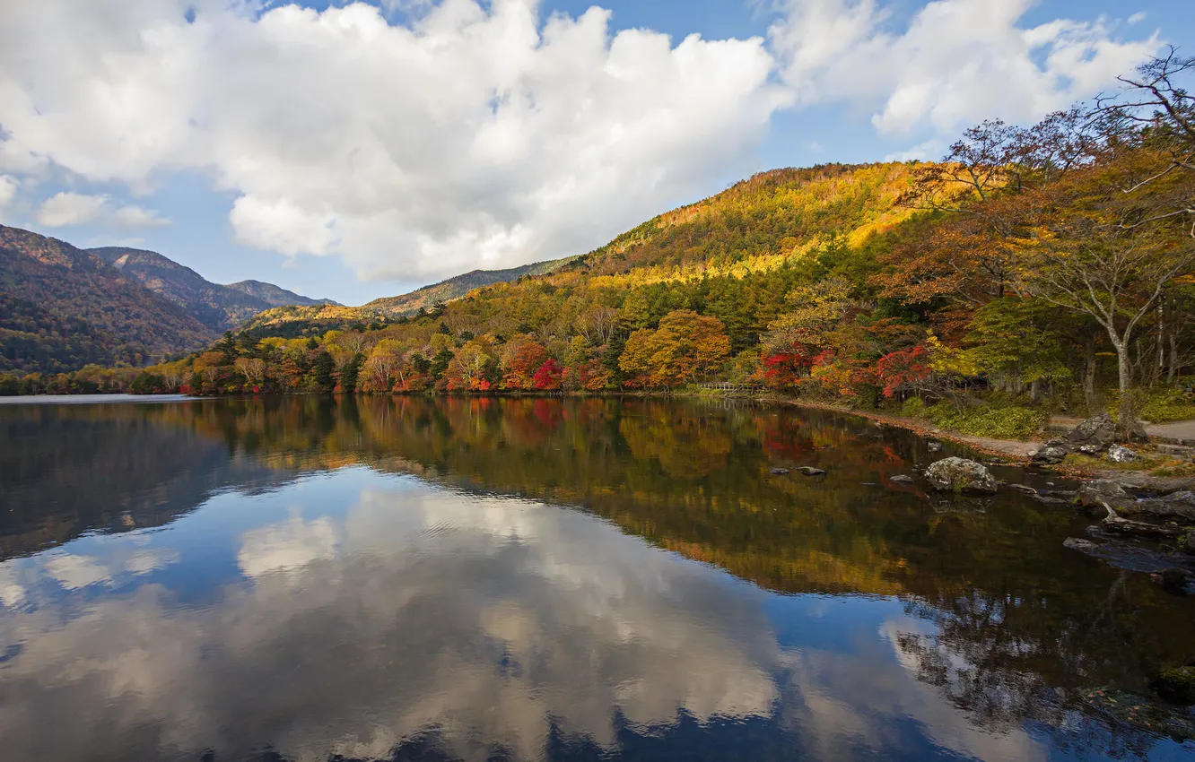 Photo wallpaper autumn, forest, clouds, mountains, lake, reflection