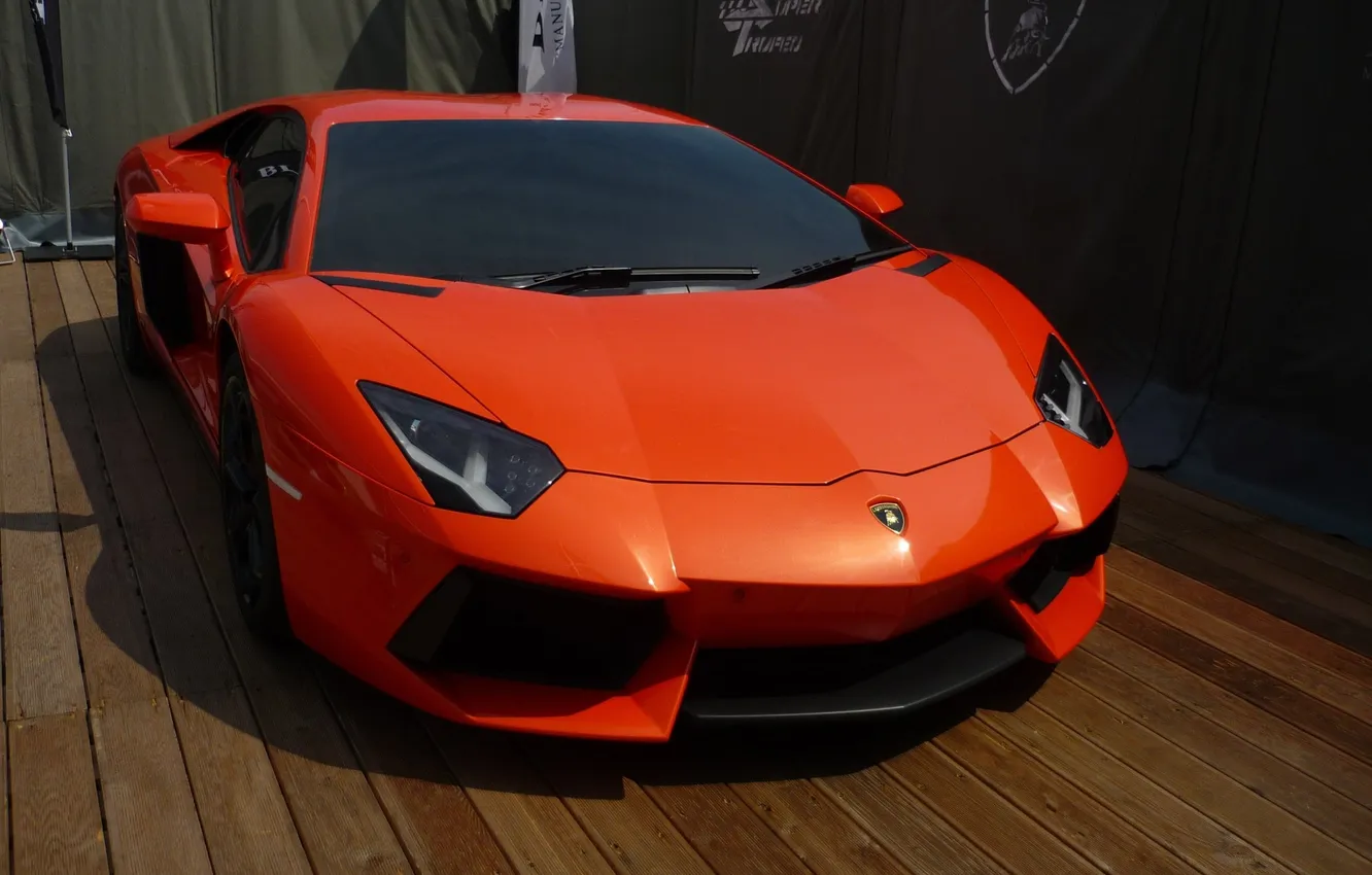 Photo wallpaper orange, shadow, Lamborghini, front view, orange, LP700-4, Aventador, Lamborghini