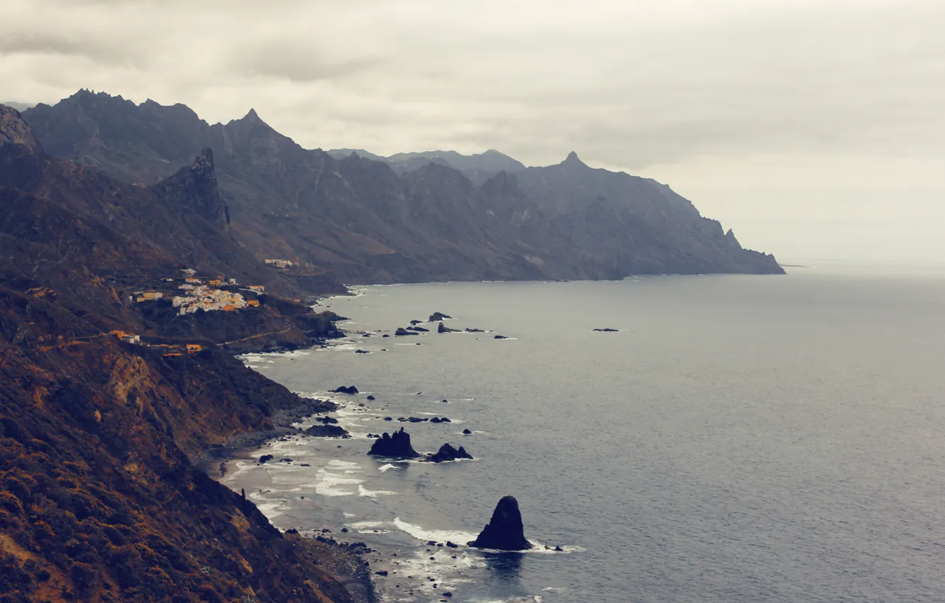 Photo wallpaper road, sea, wave, beach, mountains, stones, rocks, home