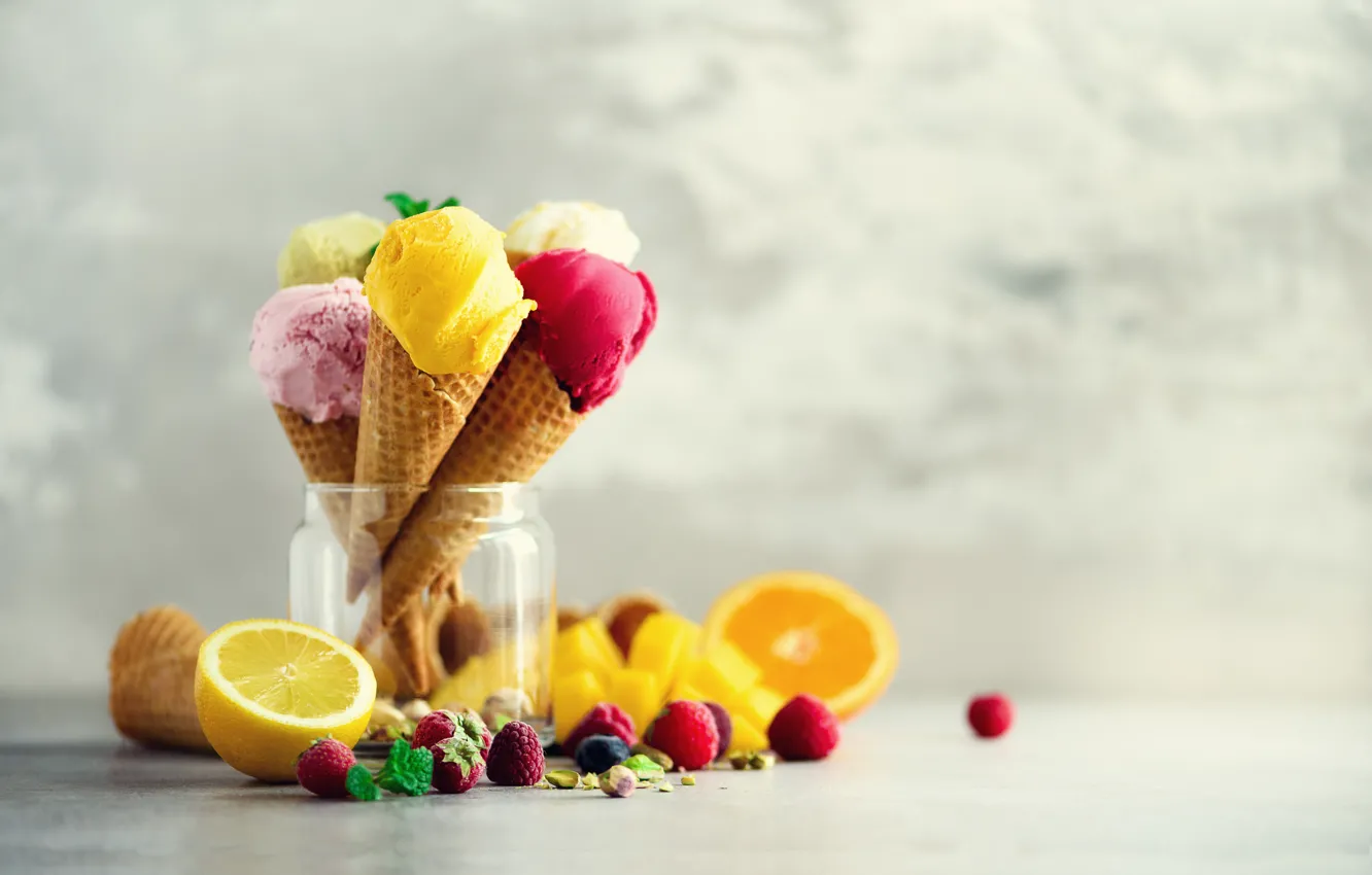 Photo wallpaper berries, ice cream, horn, color, ice cream, DESSERT, waffle