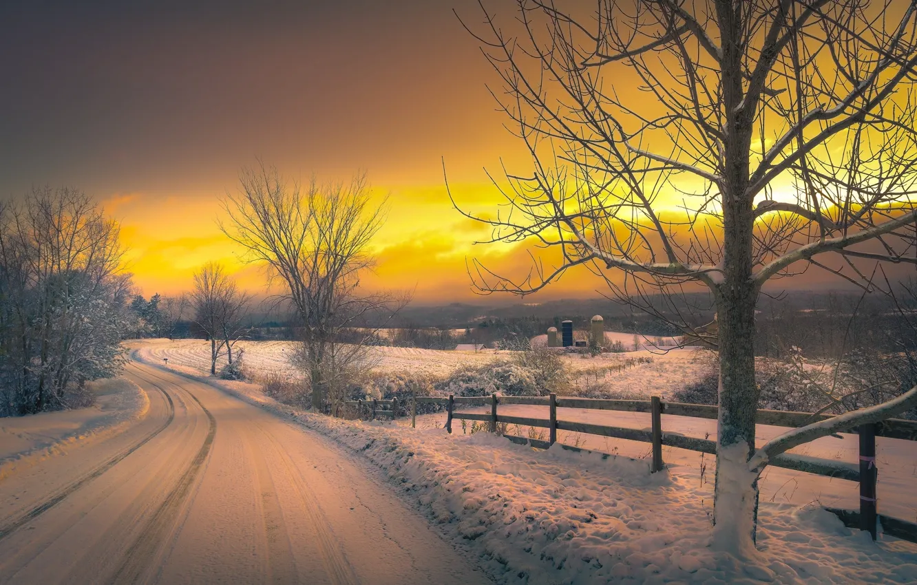 Photo wallpaper winter, road, snow, sunset, the evening, village