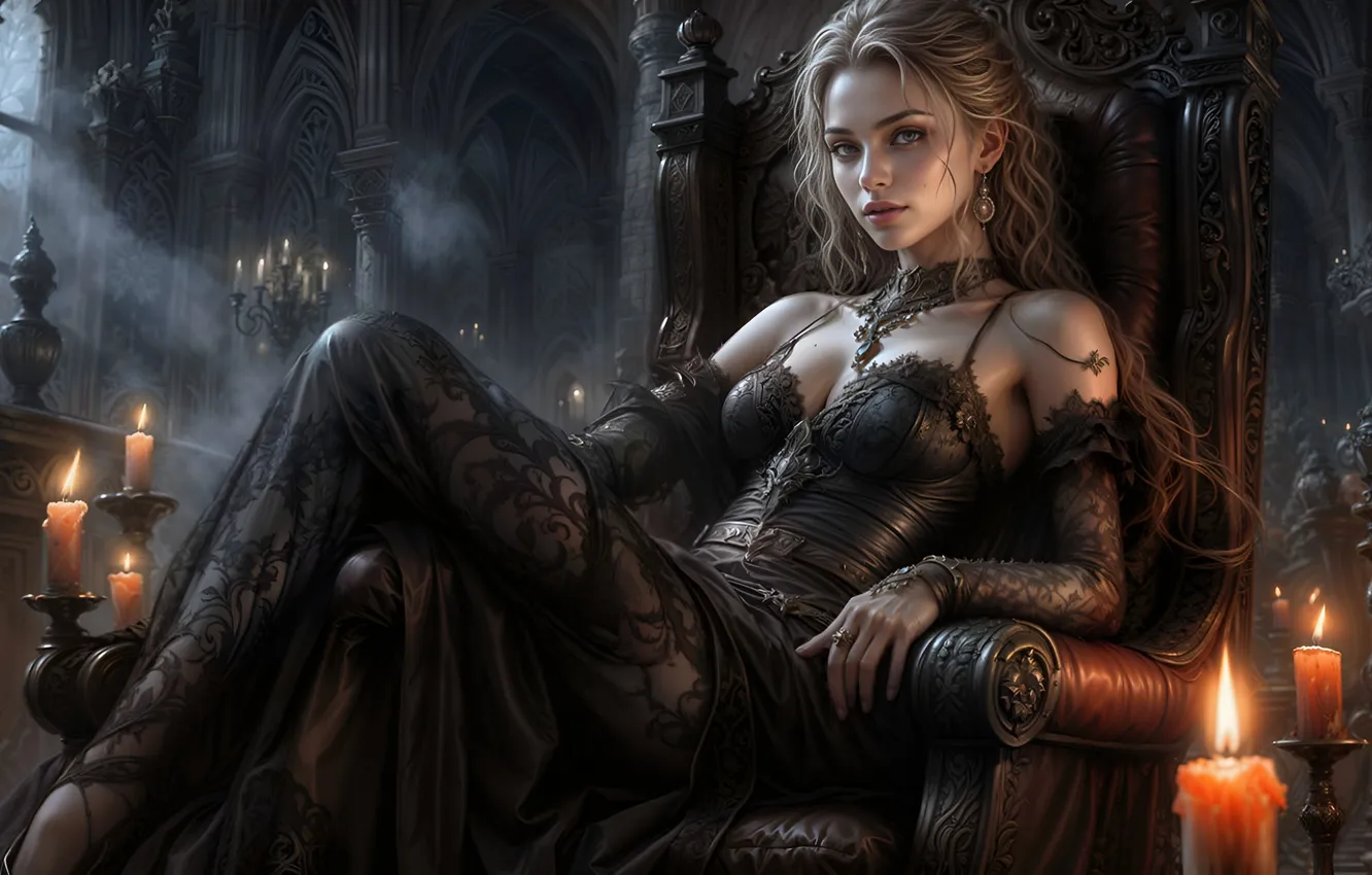 Photo wallpaper look, the dark background, chair, candles, girl art