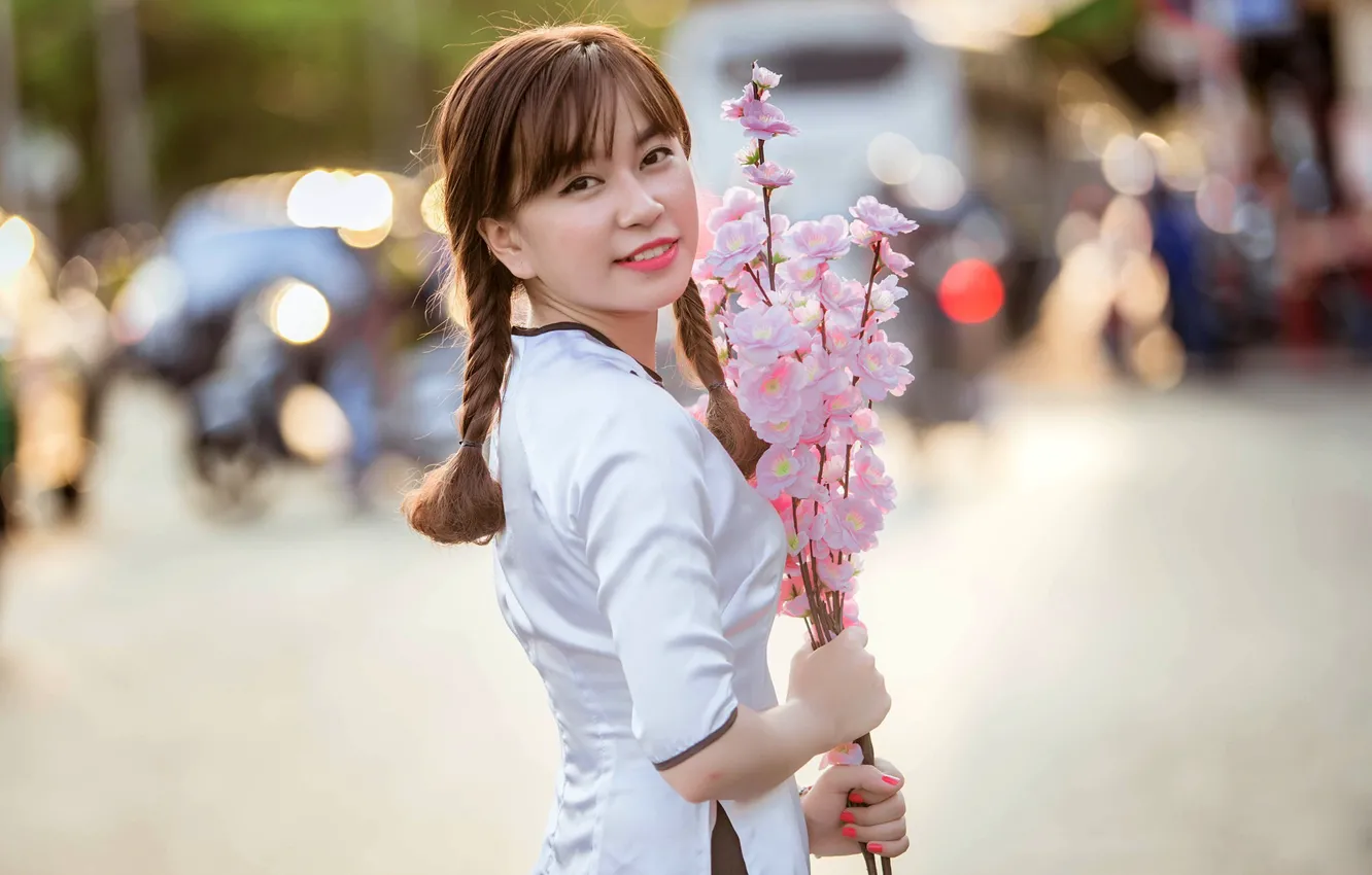 Photo wallpaper girl, flowers, sweetheart, dress, braid, Asian