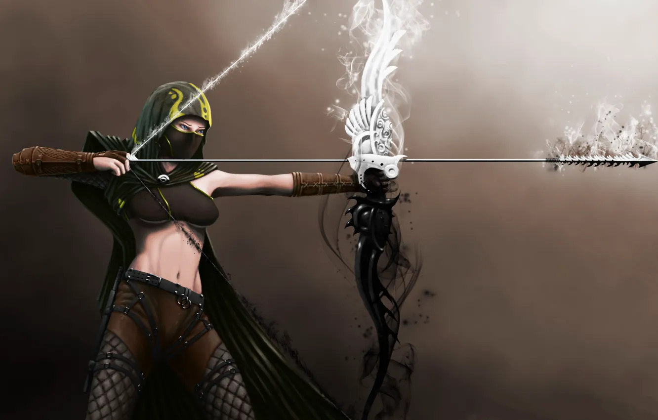 Photo wallpaper Girl, Face, Bow, Mask, Guild Wars 2, Arrow, Side, Belly